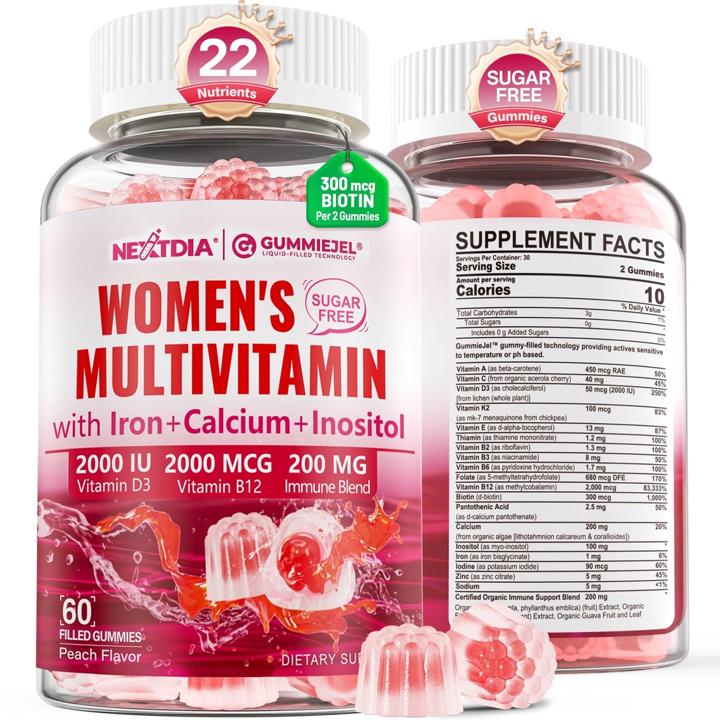Methylated Multivitamin for Women Gummies, Calcium, D3 K2, Methylfolate & B12, Inositol, Daily Vitamin A C E, B Complex, Biotin, Zinc, Iron -Energy, Immune, Bone, Skin, Hair, Sugar Free, 60Cts