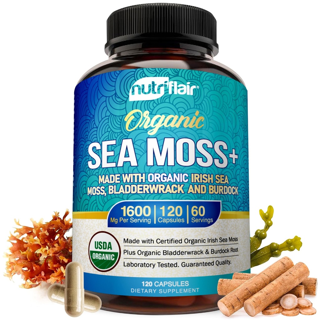 NutriFlair Bio Sea Moss 1600mg, 120 Kapseln Plus Bladderwrack & Burdock - Prebiotic Super Food - Immunsystem & Digestive Health - Schilddrüse, Gesunde Haut, Keto Detox, Gut