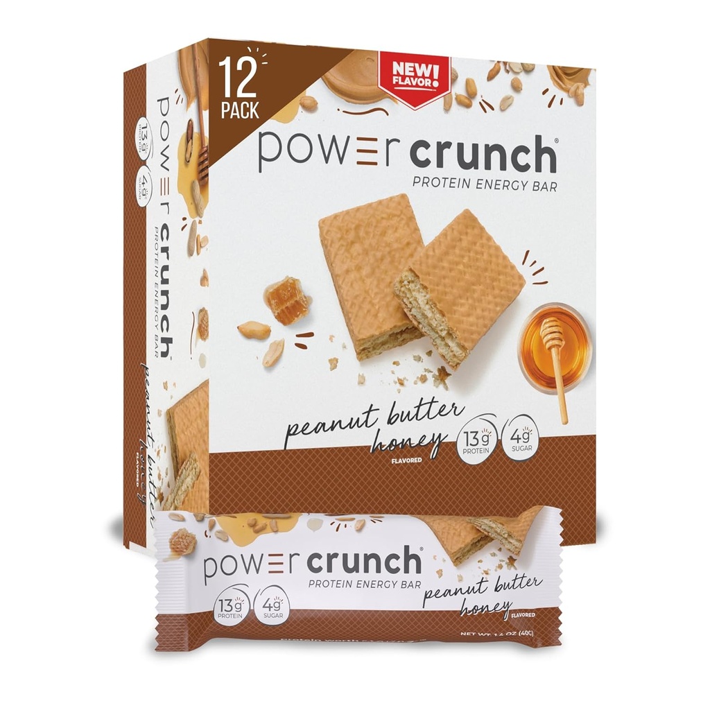 Barres de farine de protéines à croûte de puissance, collations riches en protéines au goût délicieux, miel de beurre d'arachide, 1,4 once (12 comte)