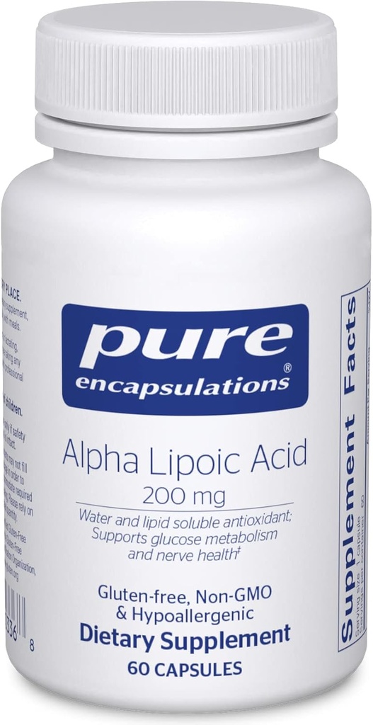 Encapsulations pures Acide alpha lipoïque 200 mg - 200 mg ALA - Soutien du foie et des antioxydants* - pour Nerve Health & Carb Métabolisme - Supplément végétalien et non OGM - 60 capsules