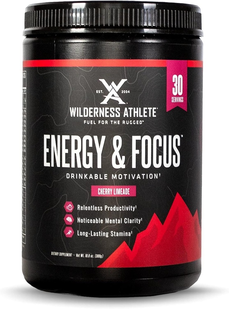 Wilderness Athlete - Energy & Focus | Energy Booster for Women & Men - Energy Drink Mix with Natural Caffeine - Low-Carb, Zero Sugar Energy Drink Powder - 30 Serving Energy Drink Tub (Cherry Limeade)