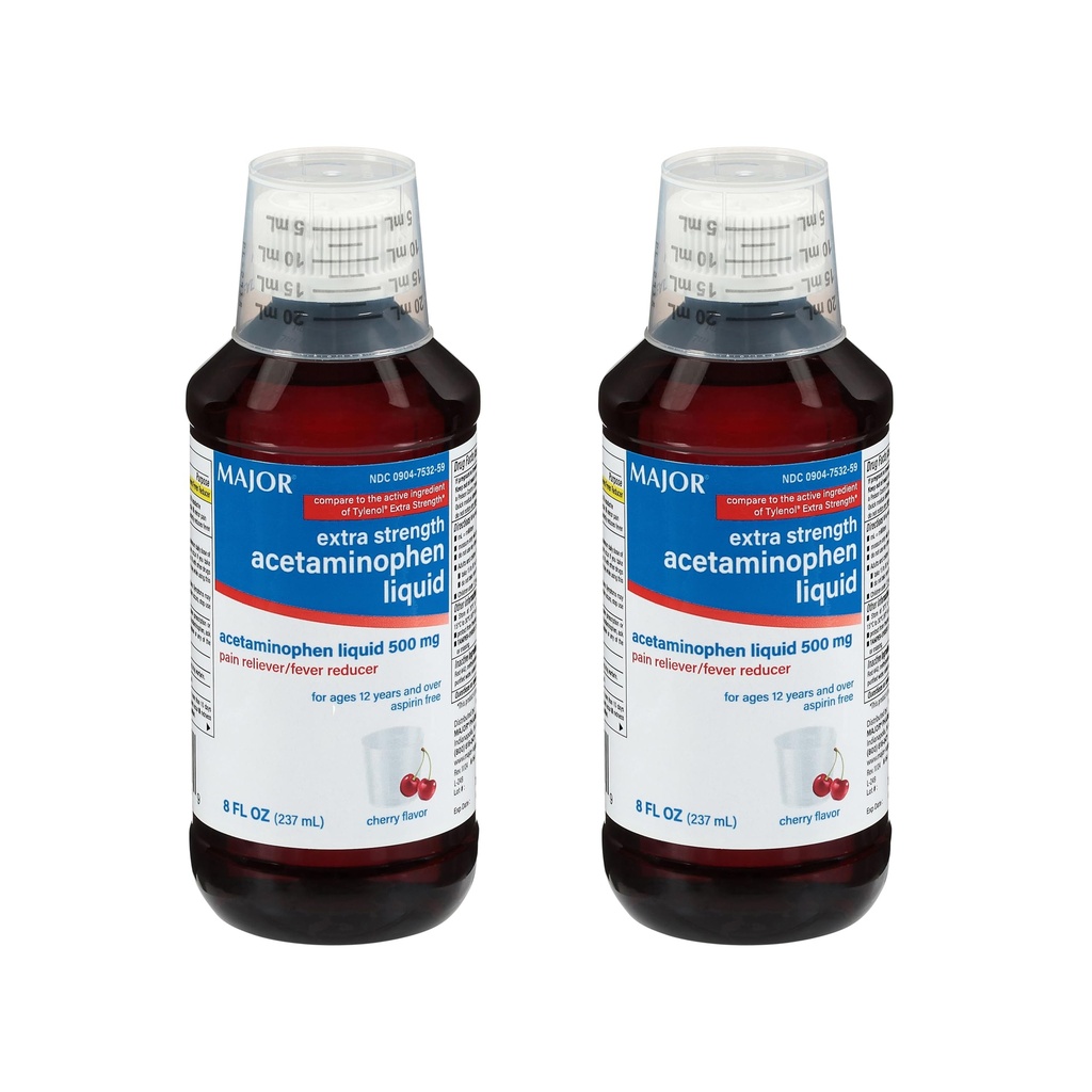 MAJOR Adult Extra Strength Liquid Acetaminophen 500mg - Hilft Relieve Pain und Reduce Fevers - Aspirinfrei - Cherry Flavor - 8 Fl Oz (2 Pack)