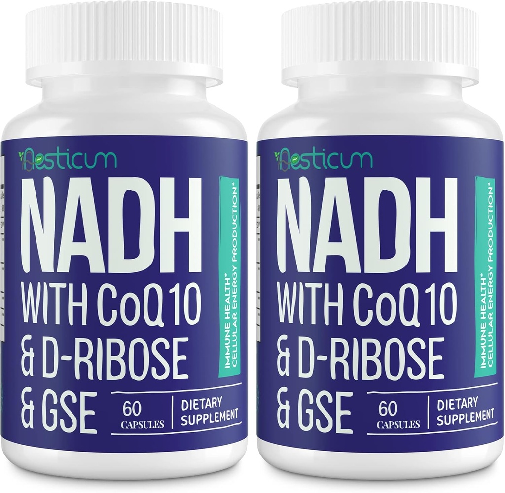 NADH 50mg + CoQ10 200mg + D-Ribose 150mg Supplement, Boosting NAD+ Ergänzungen für Immunsystem, Zelluläre Energie, Fokus, Reduziertes Nicotinamid Adenin Dinukleotid, 120 Veggie Kapseln