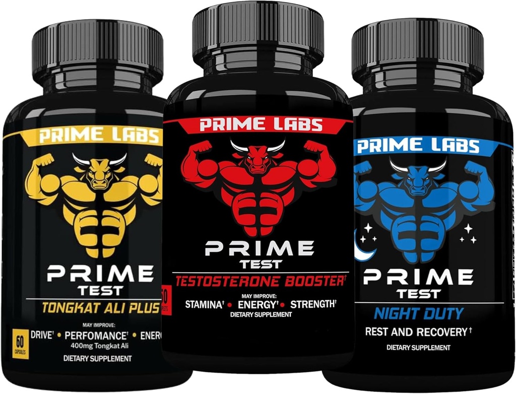 Prime Labs Prime Test Testosteron Booster + Nacht Duty Sleep Supplement + Tongkat Ali Plus (je 60 Zähler)