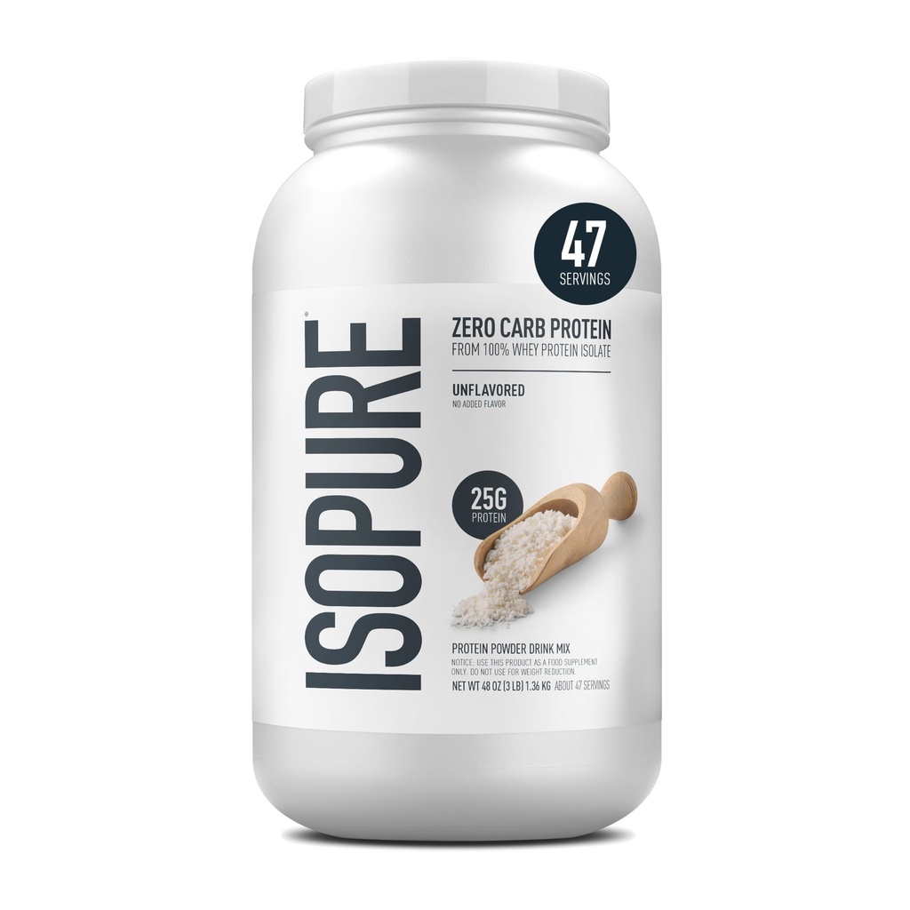 Isopure Zero Carb 100% reine Whey Isolate Protein Pulver, Glutenfrei, mit Vitaminen, Unflavored, 25g Protein pro Servierung, 3 Lbs, 47 Servierungen (Packaging May Vary)