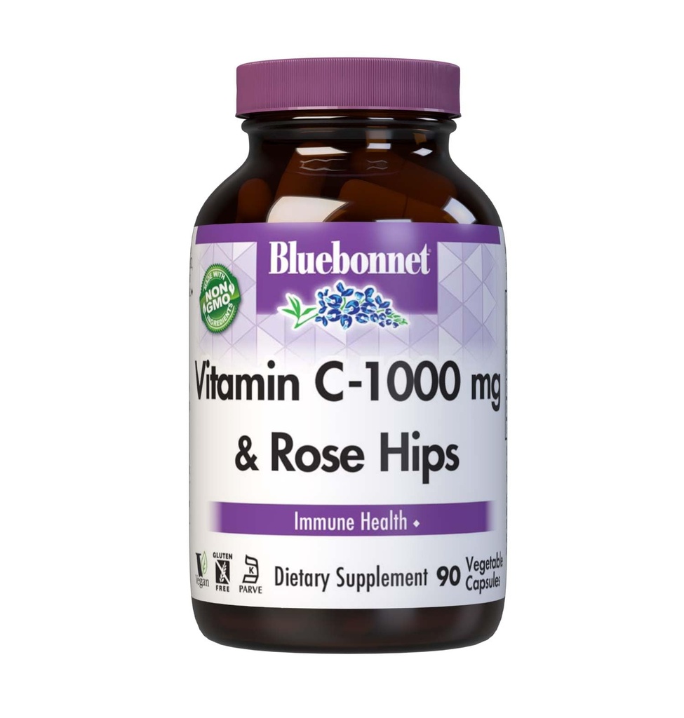 Bluebonnet Nutrition Vitamine C-1000 mg Plus Rose HIPS Capules végétales, pour la santé immunitaire, pour la protection antioxydante, sans soja, sans gluten, sans OGM, sans cacher, sans lait, végétalien, 90 Compte