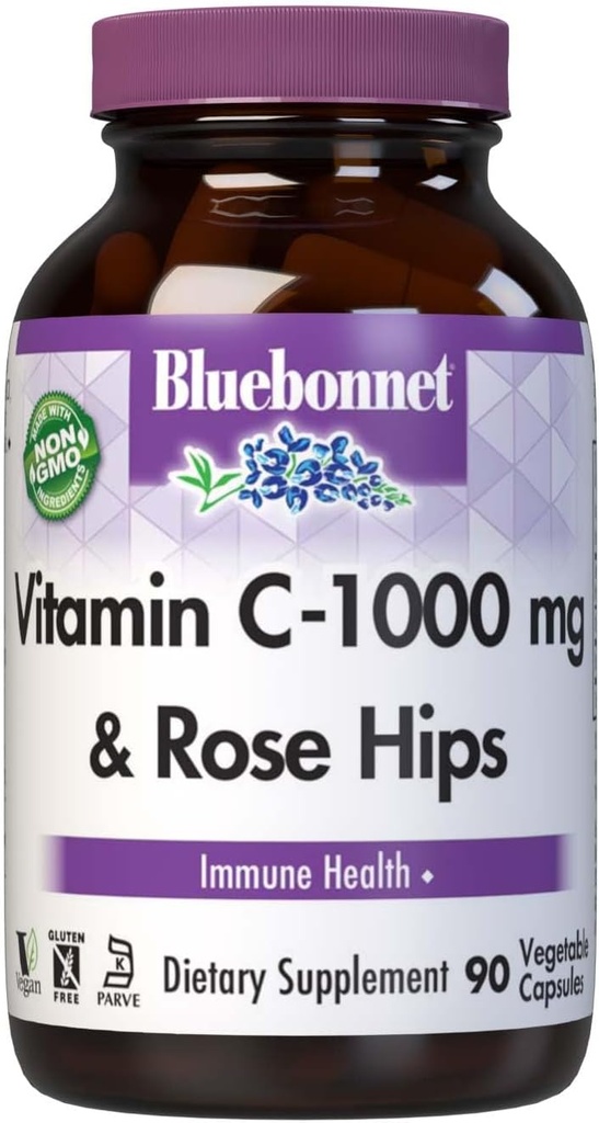 Bluebonnet Nutrition Vitamine C-1000 mg Plus Rose HIPS Capules végétales, pour la santé immunitaire, pour la protection antioxydante, sans soja, sans gluten, sans OGM, sans cacher, sans lait, végétalien, 90 Compte