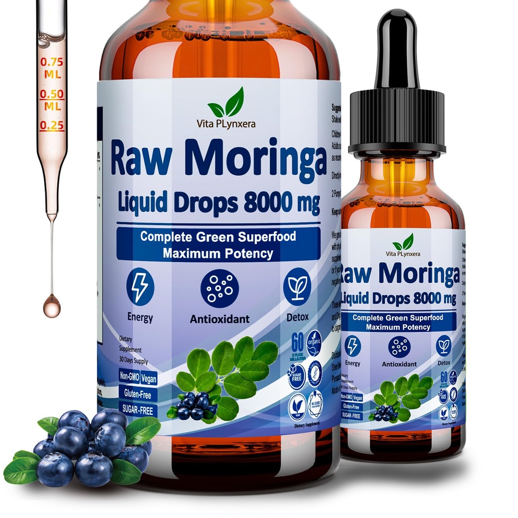 Raw Moringa Liquid Drops 8000 mg, Bio Moringa Oleifera Blatt Extrakt w. Supergreens Mischung aus Weizengrass, Gerste Gras für Antioxidans, Energie & Immune, Hohe Potenz als Kapseln Pulver