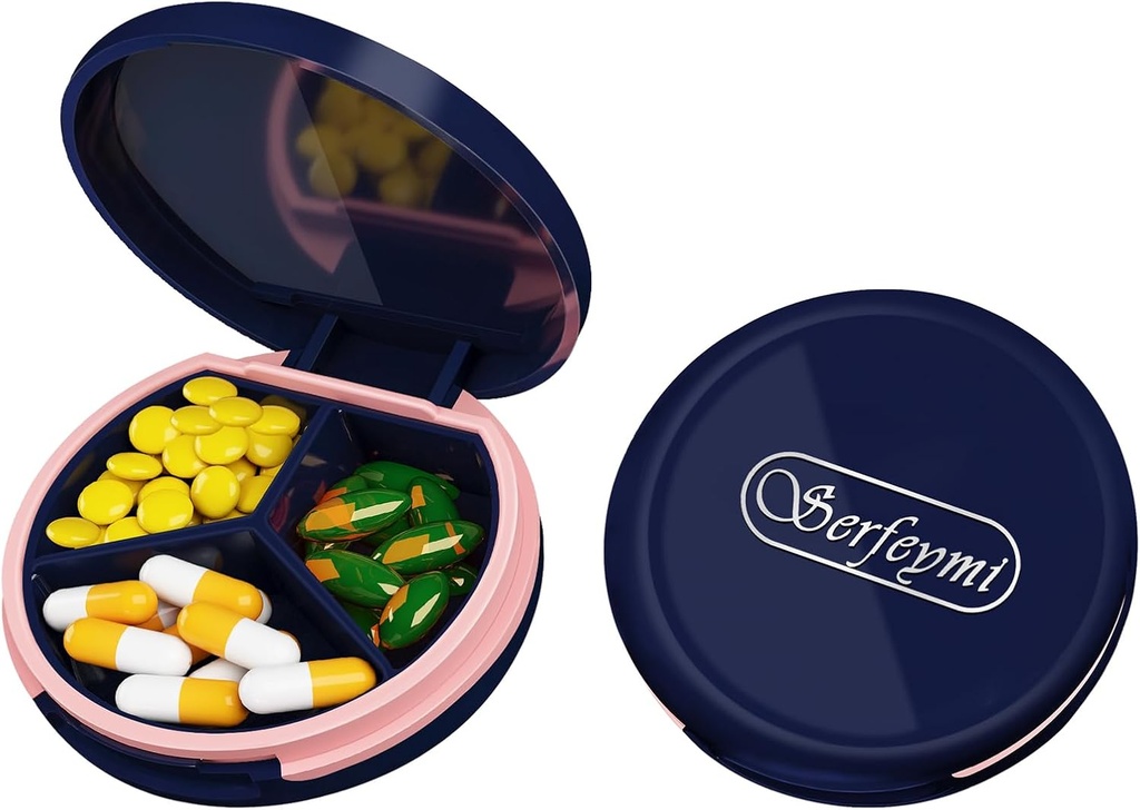 Serfeymi Small Pill Box - 3 Komponenten Tragbare Pille Box für Geldbörse Tasche, Kompakte Mini Travel Pill Case - Geeignet für Medizin, Vitamin, Fish Oil, Supplements - Dark Blue(Logo)