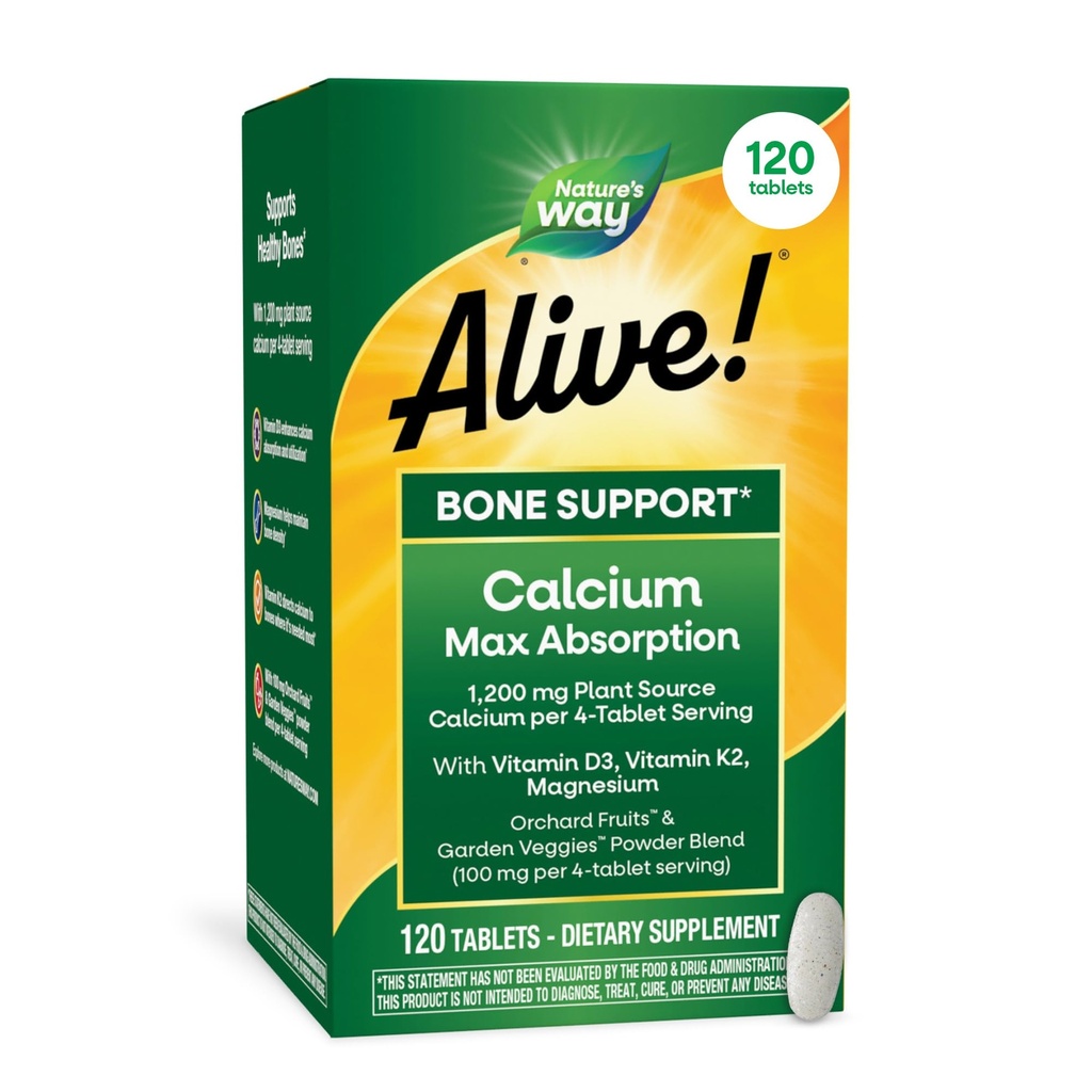 Nature's Way Alive! Calcium Max Absorption, Knochenunterstützung*, Pflanzenquelle Calcium, Vitamin D3 & K2, Magnesium, 120 Tabletten (Verpackung Mai Vary)