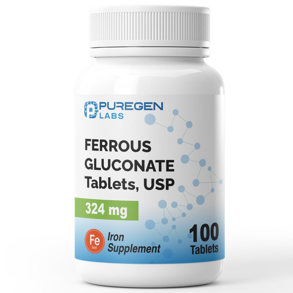Puregen Labs Ferrous Gluconate 324 mg [High Potency] Eisenergänzung, Gentle on Stomach - 100 Tabletten