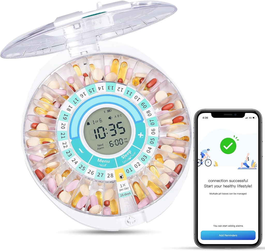 Zoksi Upgrade Bluetooth Smart Automatic Pill Dispenser, Elektronische Medikamentenspender für ältere, 28 Komponenten Medizin Organizer mit Sound/Light/App Alarm (Have Operation Video unten)