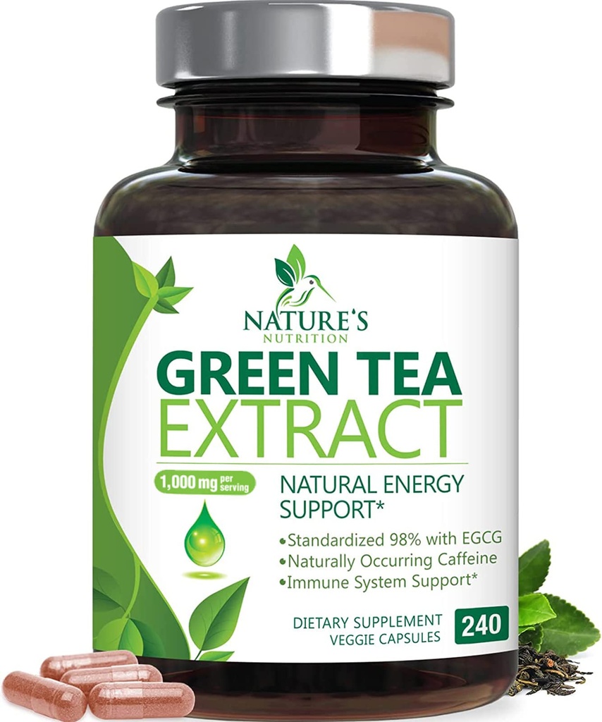 Green Tea Extract Kapseln 1000mg 98% Standardisierte EGCG - 3X Stärke für natürliche Energie - Herzunterstützung mit Polyphenolen - Gentle Caffeine - 240 Kapseln
