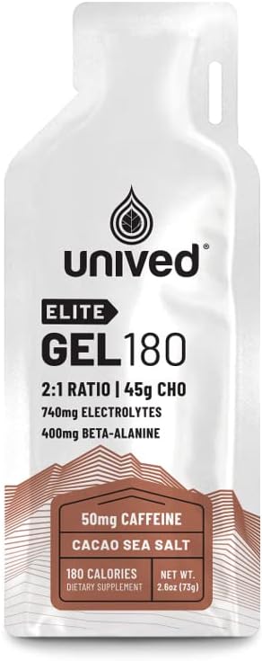 Unived Elite Gel 180-2:1 Rapport des glucides simples et complexes avec Beta Alanine et électrolytes essentiels - pour athlètes d'endurance coureurs et cyclistes -180kcal - Cocoa Sea Salt - 50mg Caféine - Pack de 6