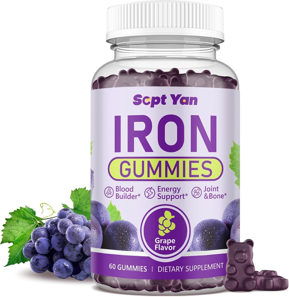 Eisen-Gummi für Frauen und Männer, Eisen-Gummi mit Folat, Vitamin B12, Zink & D3 für Blut-Gebäude, Energie-Boost, Immun-Unterstützung & Knochen-Gesundheit, Gentle Absorption, Vegan,Grape Favorit 60