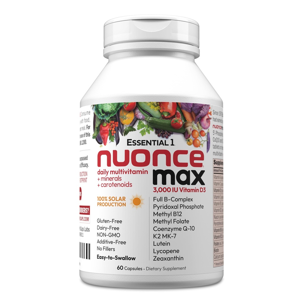 ANDREW LESSMAN Essential-1 nuonce max Multivitamin 3000 IU Vitamin D3 60 Small Capsules. 100 mcg Methyl B12. CoQ10 Lutein Lycopen Zeaxanthin. Hohe Potenz. Keine Zusatzstoffe. Ultra-Mild One Tageskapsel