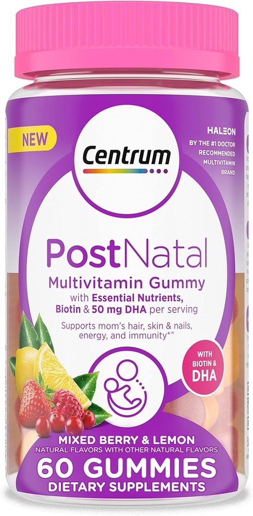 Gommies multivitamines postnatales Centrum avec biotine et DHA, arômes de baies mixtes et de citron - 60 comtes, 30 jours d'approvisionnement