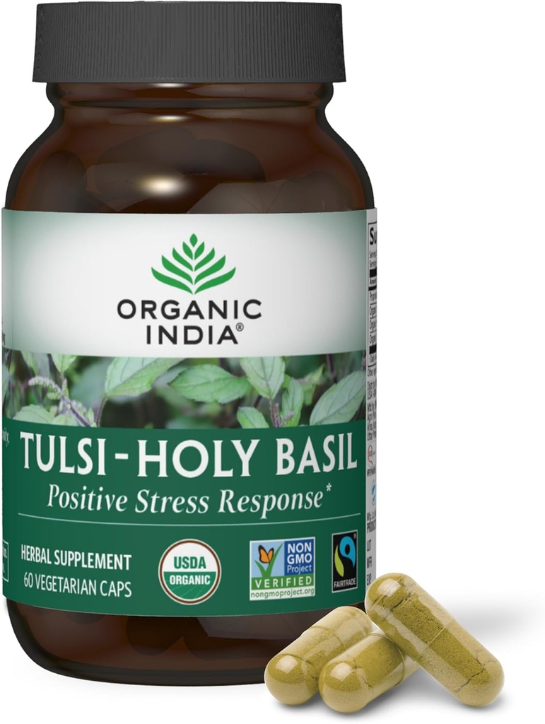 ORGANIC INDIA Tulsi Holy Basil Capsules - Holy Basil Extract - Holy Basil Leaf Supplement, Kräuterergänzung, Immununterstützung, Stress Relief, Vegan, Gluten-Free, Kosher, Organic, Non-GMO - 60 Kapseln