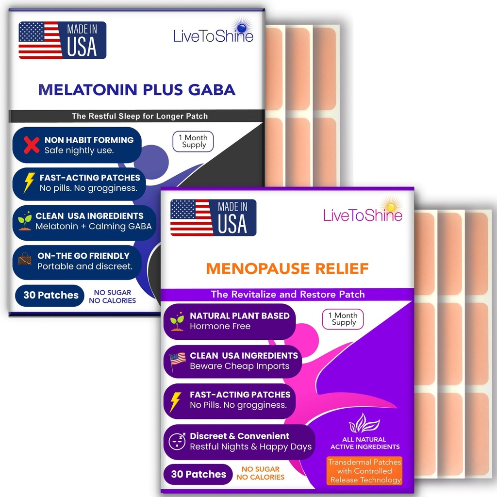 Ménopause Relief and Melatonine Sleep Patch Bundle - 2 packs - Flashs chauds, Sweats de nuit, Swings d'humeur Relief Plus Patches de sommeil reposantes - 30 jours d'approvisionnement par paquet (60 Patches) - États-Unis Fabriqué par Live To Shine
