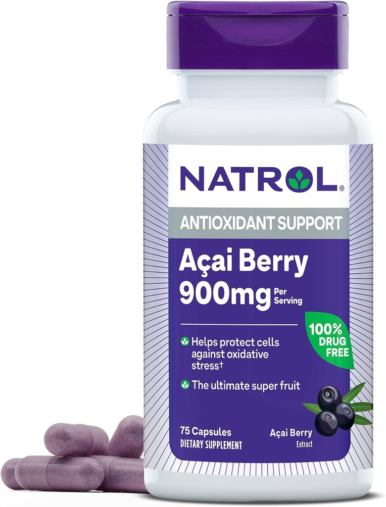 Natrol Acai Berry 900 mg pro Servieren, Nahrungsergänzungsmittel für Antioxidantienunterstützung, 75 Kapseln, 37 Tage Versorgung