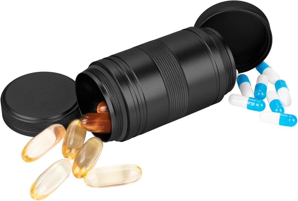 Metall Pille Box 2 Mal pro Tag - Tragbare wasserdichte kleine Pille Case (AM PM), Reise täglich Pille Container, Kompakte Pillenhalter Medizin Organizer für Pillen/Vitamin/Fish Oil/Supplements, Schwarz