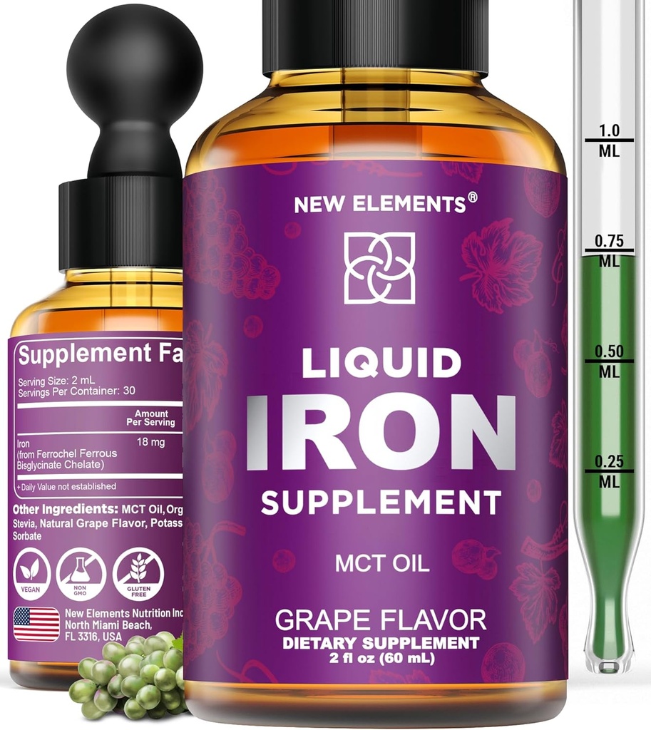 Eisen-Ergänzung für Frauen und Männer Freier Blut-Erbauer, Eisen Vitamin für Anämie | Flüssige Eisen Tropfen für Erwachsene mit MCT-Öl, Natürliche Grape Flavor, schnellere Absorption und Immununterstützung (2 Fl Oz)