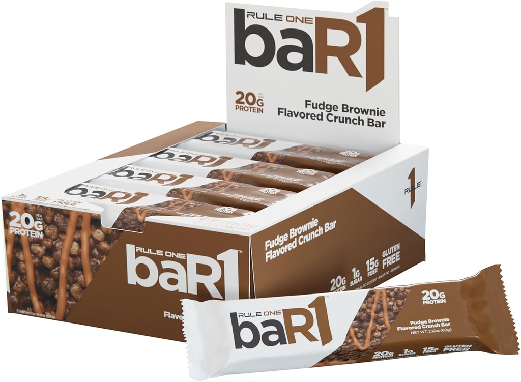 Regel 1 baR1 Crunch Bar - On-The-Go Convenient Protein Snack Bars mit 20g Premium Protein, Natürlich verpackt mit EAAs/BCAAs, Hunger-Filling Fiber (12 Count Box, Fudge Brownie)