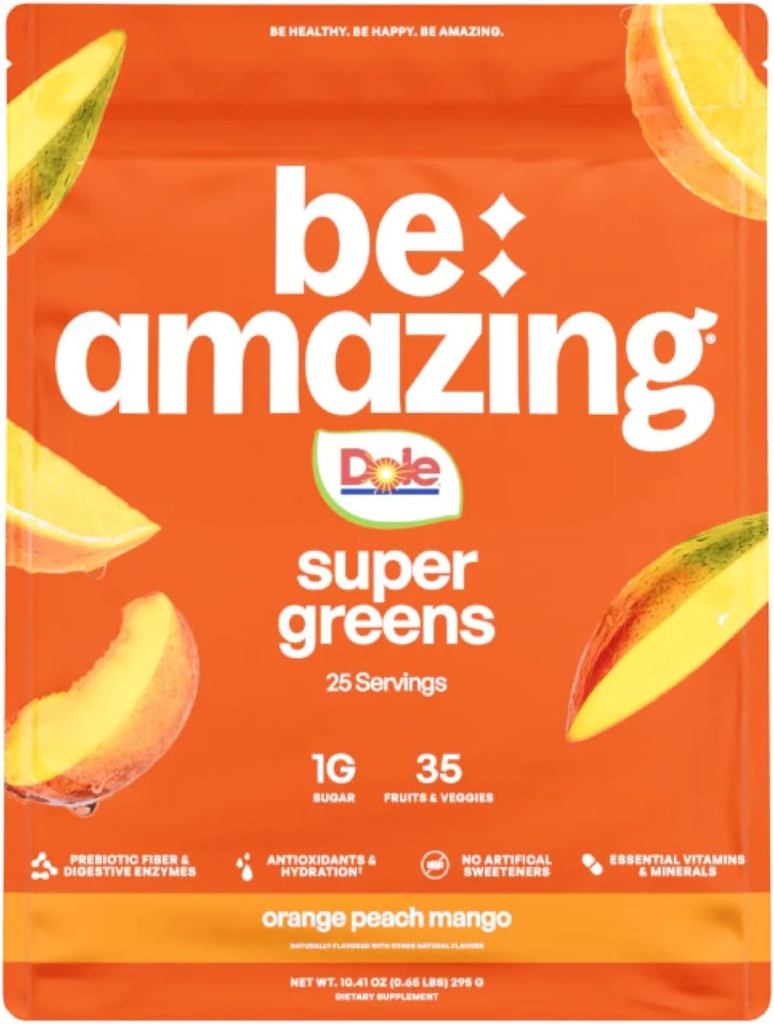 ÊTRE AMAZING Super Greens poudre avec prébiotiques, enzymes digestives et antioxydants, 35 fruits et légumes, électrolytes et fibre, végétalien, jus sans gluten et mélange de smoothie, dole orange pêche mangue, 25 portions