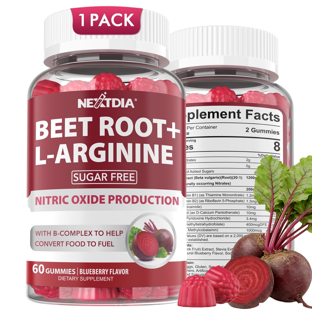 Gommies de racines de betterave et L-Arginine, suppléments d'oxyde nitrique pour les hommes et les femmes avec des betteraves organiques, B1, B2, B3, B5, B6, Folate, B12 pour le boost énergétique et le support de circulation, sans sucre, 60 Cts