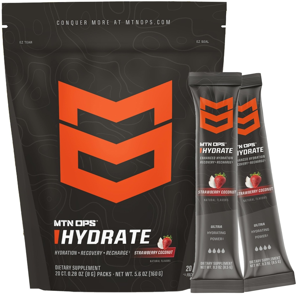 MTN OPS Hydrate Elektrolyte Pulver-Getränk-Mischung, 20 Single Servieren On-The-Go Elektrolyt-Packs mit über 1000mg Elektrolyten pro Servieren, Erdbeer-Kokos