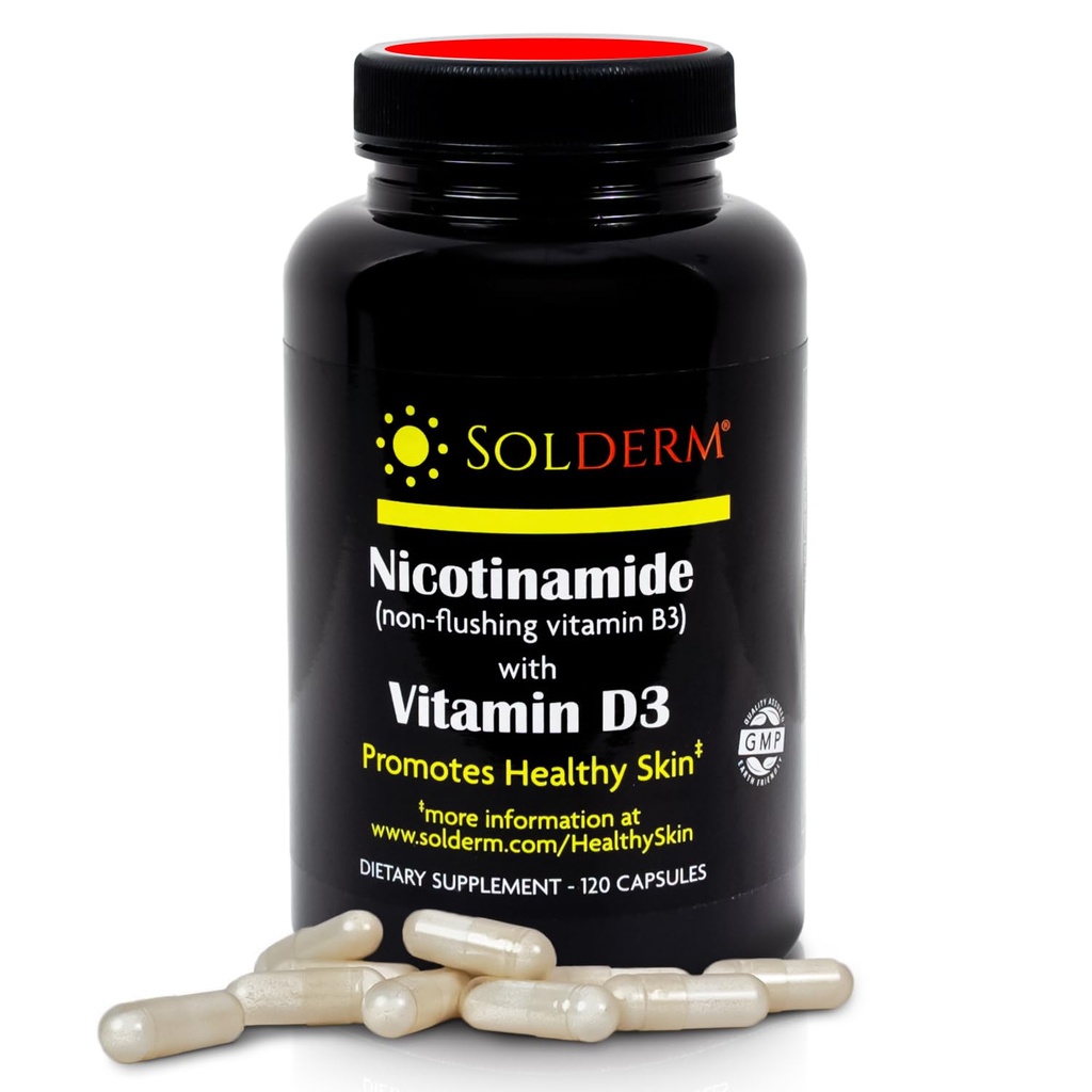 Nicotinamide Vitamine B3 et supplément D3 sans gluten et sans gluten Le supplément de nicotinamide oral avec des cas de cellulose végétale favorise la santé de la peau 60 Capsules