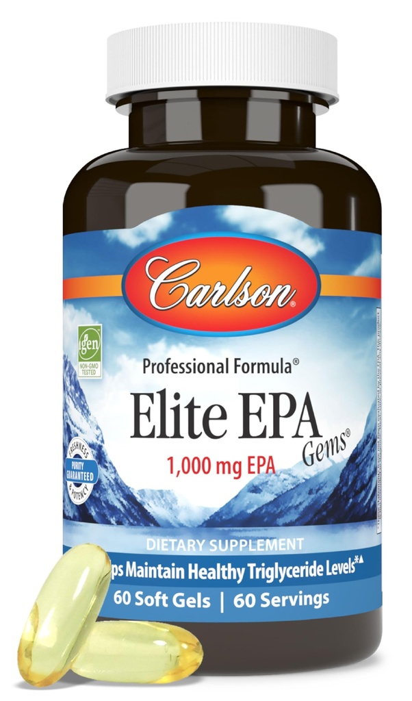 Carlson - Elite EPA Gems, 1000 mg EPA Fish Oil, Wild-Caught, Norwegian Fish Oil Supplement, Sustainable Sourced, Hilft, gesunde Triglycerid Levels, 60 Softgels