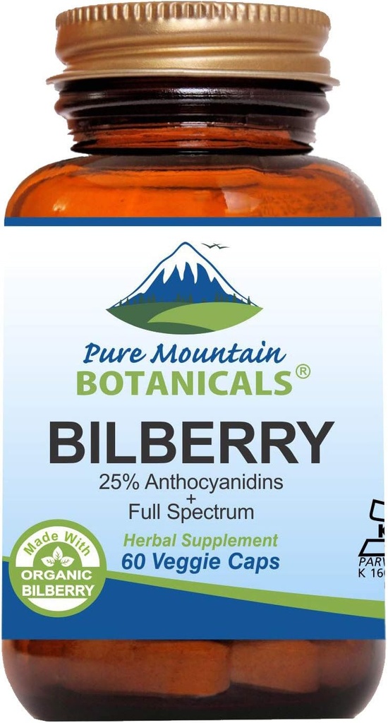Pure Mountain Botanicals Bilberry Extrakt Ergänzung Vegan Kosher Kapseln mit 250mg Bio Bilberry Blatt & 50mg Potent Extrakt von Billberries