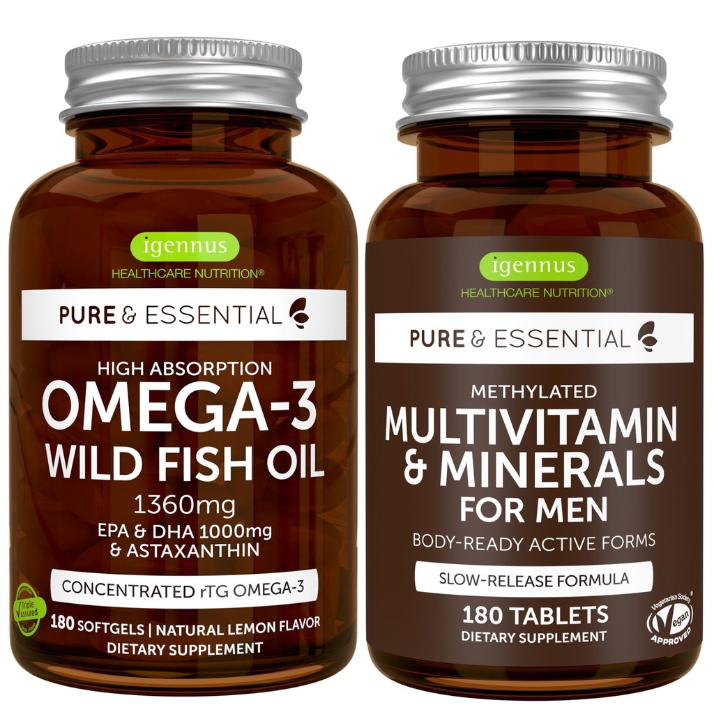 High Absorption Omega-3 Wild Fish Oil + Methylierte Männer Multivitamin Bundle, 1000mg EPA & DHA 180 Softgels + Sustained Release Multivitamin 180 Tabletten, von Igennus