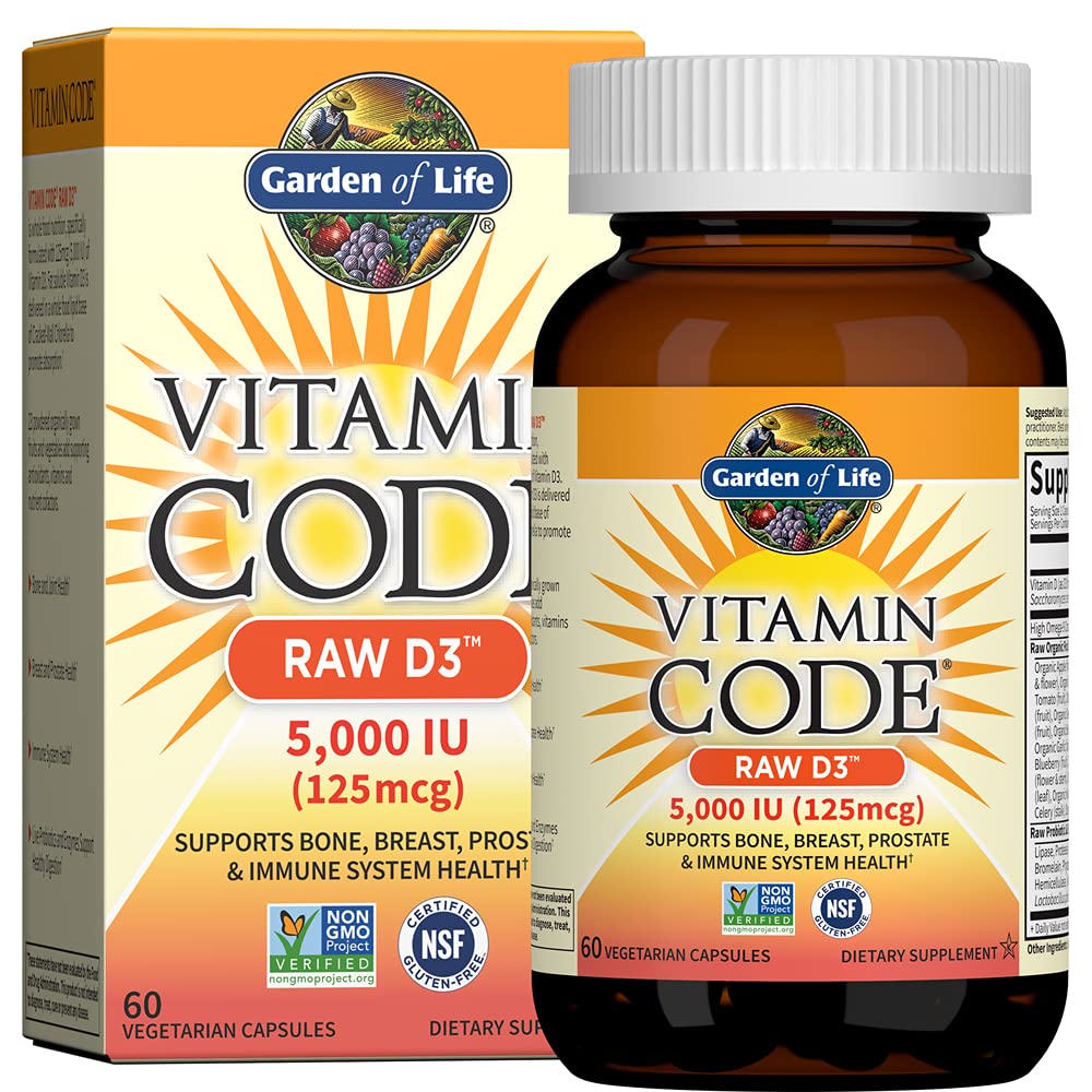 Jardin de la vie Vitamine D3 5000 UI, compléments alimentaires crus entiers avec Chlorella, Fruits, Végéties et Probiotiques pour la santé des os et immunitaires, 60 Capsules végétariennes