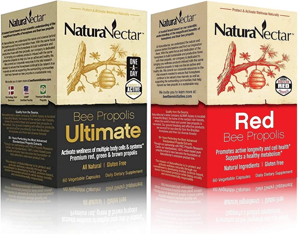 NaturaNectar Natural Bee Propolis Bundle - Bee Propolis Ultimate und Red Propolis - für Immun- und Respiratorische Unterstützung und einen gesunden Stoffwechsel - 60 Kapseln pro Flasche