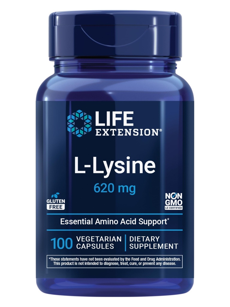 Lebensverlängerung L-Lysin, 620 mg, essentielle Aminosäure für gesunde Stickstoffbilanz, Kalziummetabolismus, Stress Response &amp; More, Glutenfrei, Non-GMO, Vegetarisch, 100 Kapseln