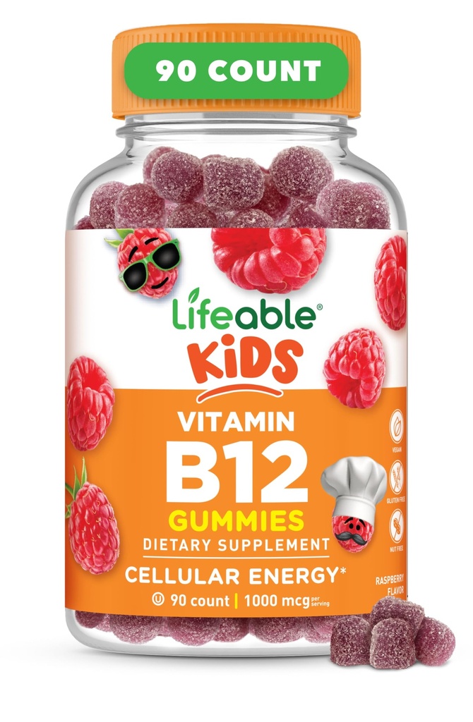 Vitamine vivante B12 pour les enfants $ 1000 mcg $ Grande dégustation Vitamine B12 Gummies $ Sans gluten, Vitamines Vegan B12 $ B12 Vitamines pour l'énergie, l'humeur et le système nerveux Soutien $ 90 Gummies