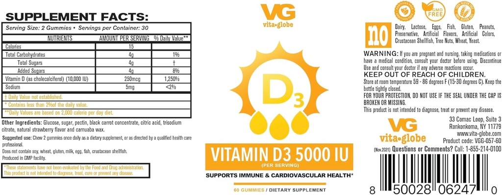 VITA GLOBE Vitamin D3 10.000IU mit Zink und Echinacea Gummy - Unterstützt gesundes Immunsystem, starke Knochen, Zähne und Muskeln, 120 Zähler (2-Pack)
