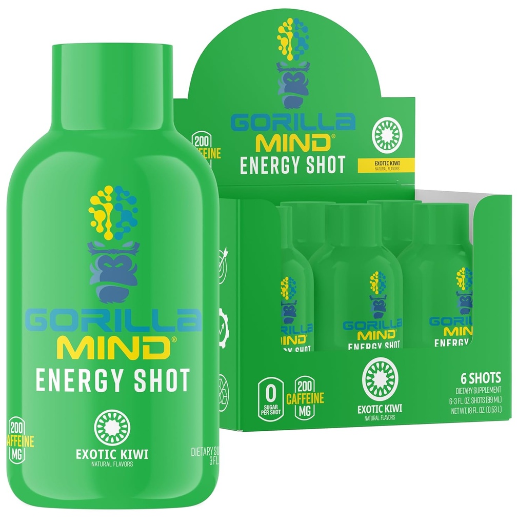 Gorilla Mind Energy Shots (Pack mit 6) - Verbesserte Fokus & Energie, Zuckerfrei, Fast-Acting, Potente Formel mit Vitaminen & Natürliche Extrakte (Exotic Kiwi)