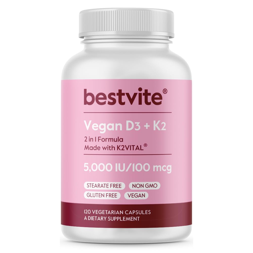 BESTVITE Vegan Vitamin D3 5000 IU + Vitamin K2 100 mcg als MK-7 (120 vegetarische Kapseln) - No Stearates - Vegan - Non GMO - Glutenfrei