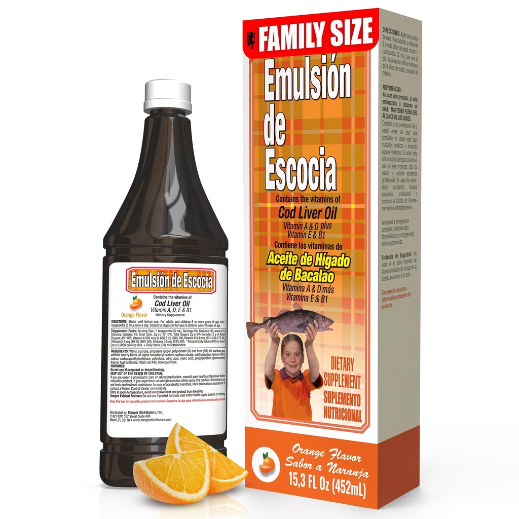 EMULSION DE ESCOCIA Cod Liver Oil, Nahrungsergänzungsmittel, Vitamine A, B1, D und E, Immunsystemunterstützung, Orange Flavor (15.3 Fl Oz/Pack von 1)