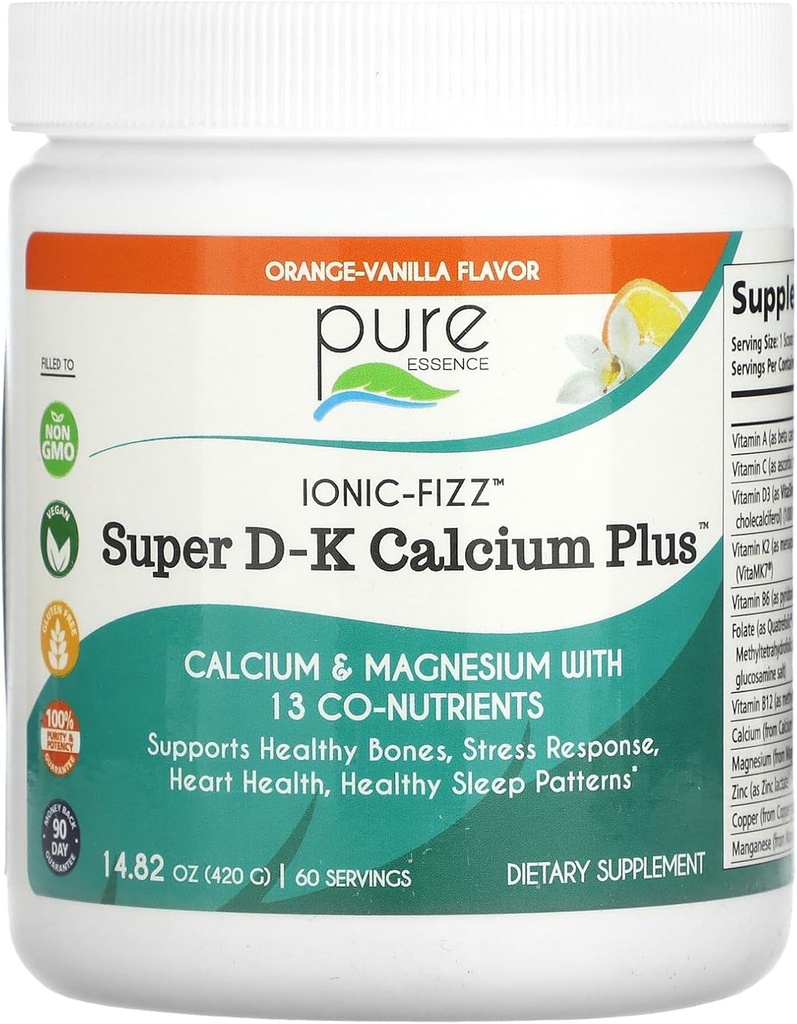 Ionic Fizz Super D-K Calcium Plus par Essence pure - avec supplément de magnésium, vitamine D3, vitamine K2 - Vanille orange - 14,82oz