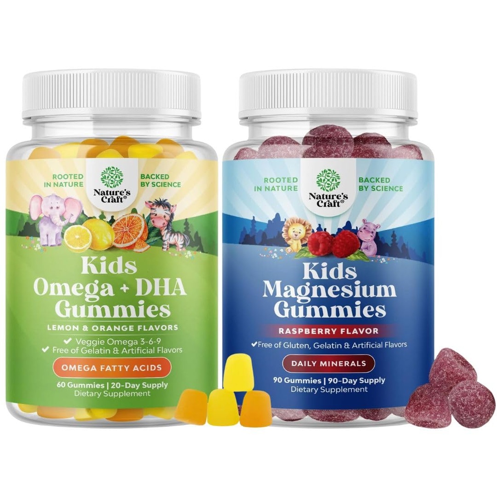 Bundle von Omega DHA Gummis für Kinder - Fettsäuren Omega 3 6 9 mit Vitamin C für Gehirn, Immunität & Vision und Kinder Magnesium Gummis - Mag Citrate für Nerve Health Muskeln & gesunde Herzunterstützung