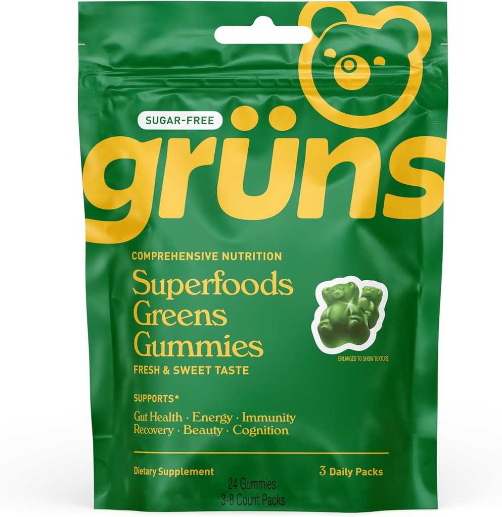 Grüns Sugar Free Super Greens Gummy Bears - Bio Spirulina und Chlorella, Präbiotika für Verdauungsgesundheit, 20+ Vitamine und Mineralien, Adaptogene - 3 Beutel - 24 Gummi