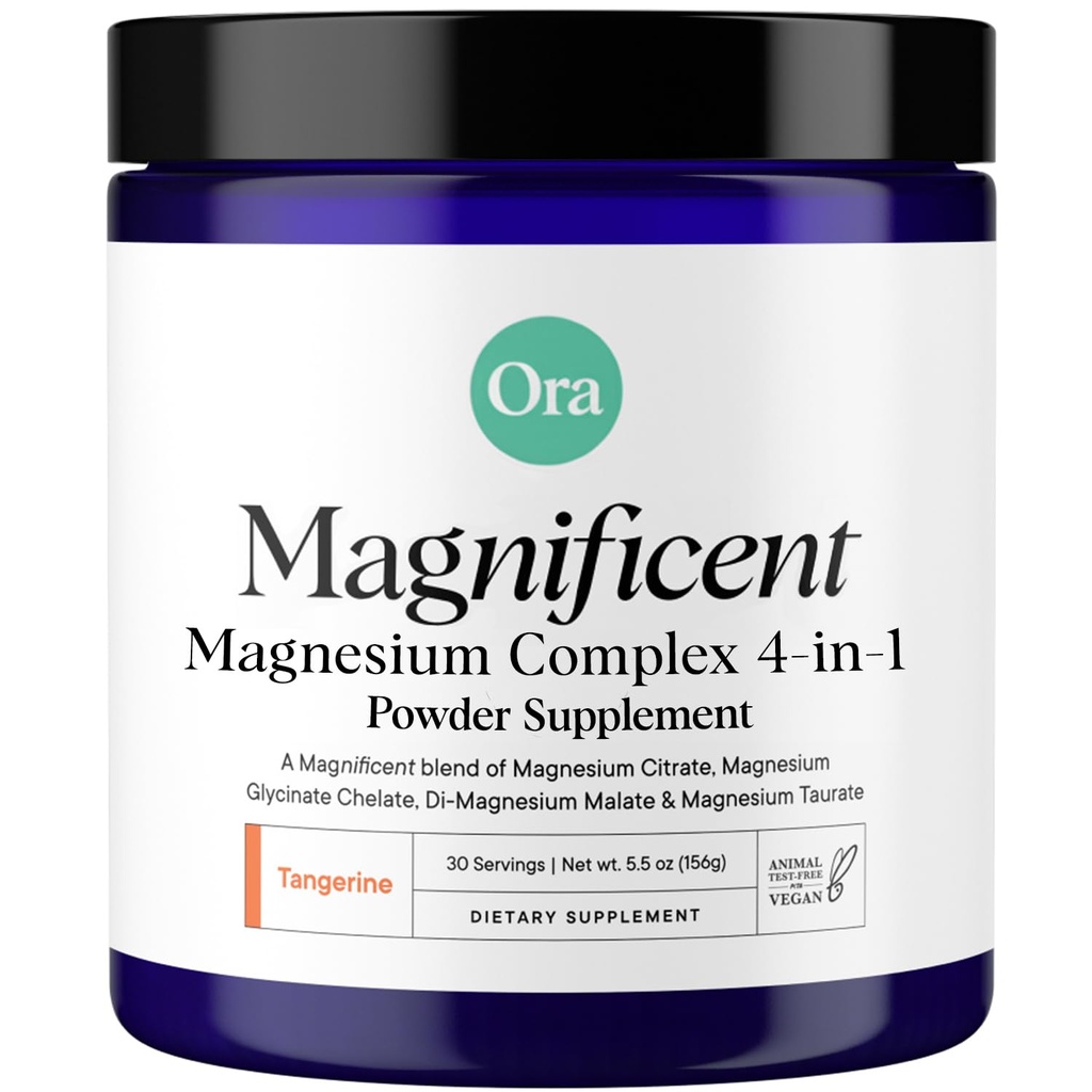 Supplément en poudre complexe de magnésium organique Ora - 4-en-1 Magnésium : Glycinat, Taurat, Malate et Citrate