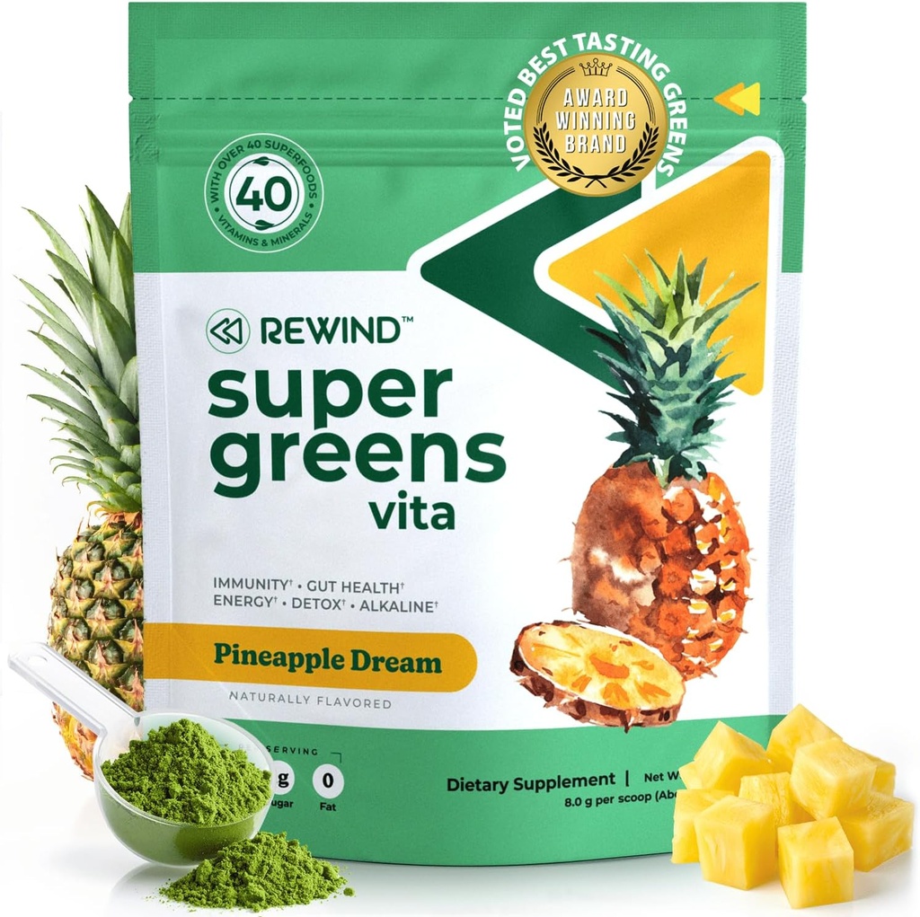 Best Tasting Super Greens Powder mit 40+ Superfoods – Delicious Daily Green Powder mit Vitamin B12, Zink, Vitamin C, Magnesium & Calcium – Green Juice Superfood Mix - Ananas Flavor
