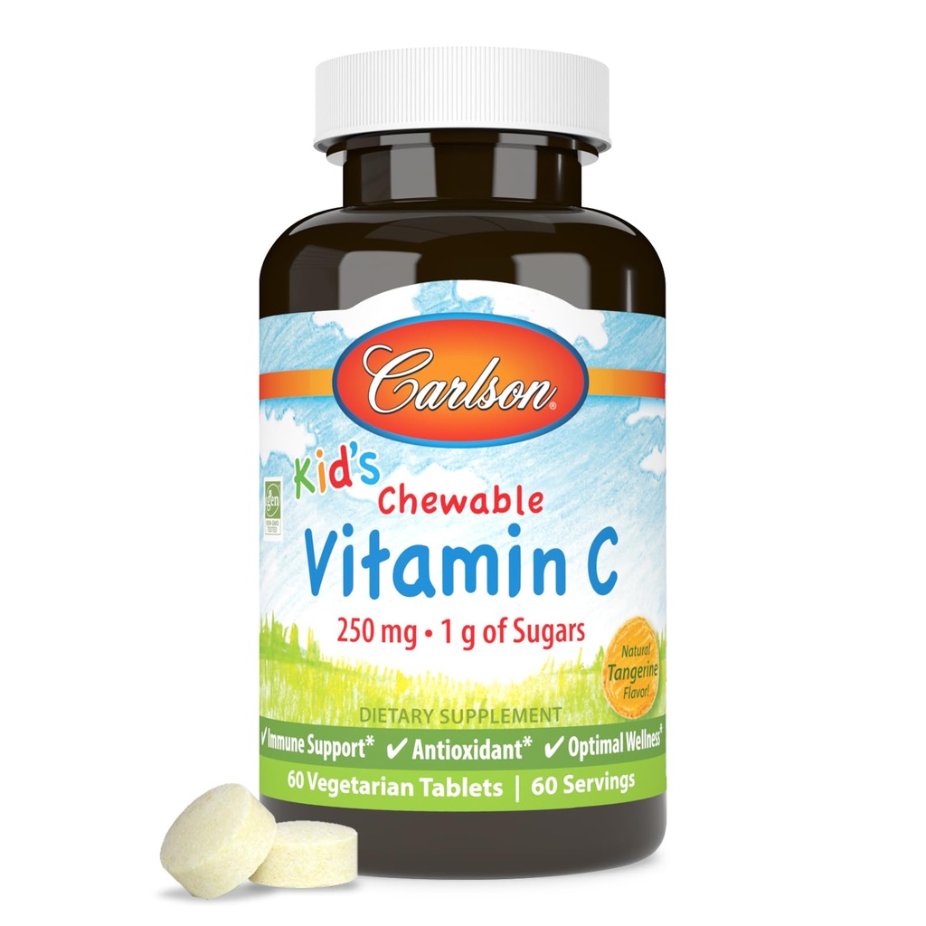 Carlson - Kid's Chewable Vitamin C, 250 mg, 1 g Zucker, Immununterstützung & Optimale Wellness, Antioxidans, Tangerine, 60 vegetarische Tabletten