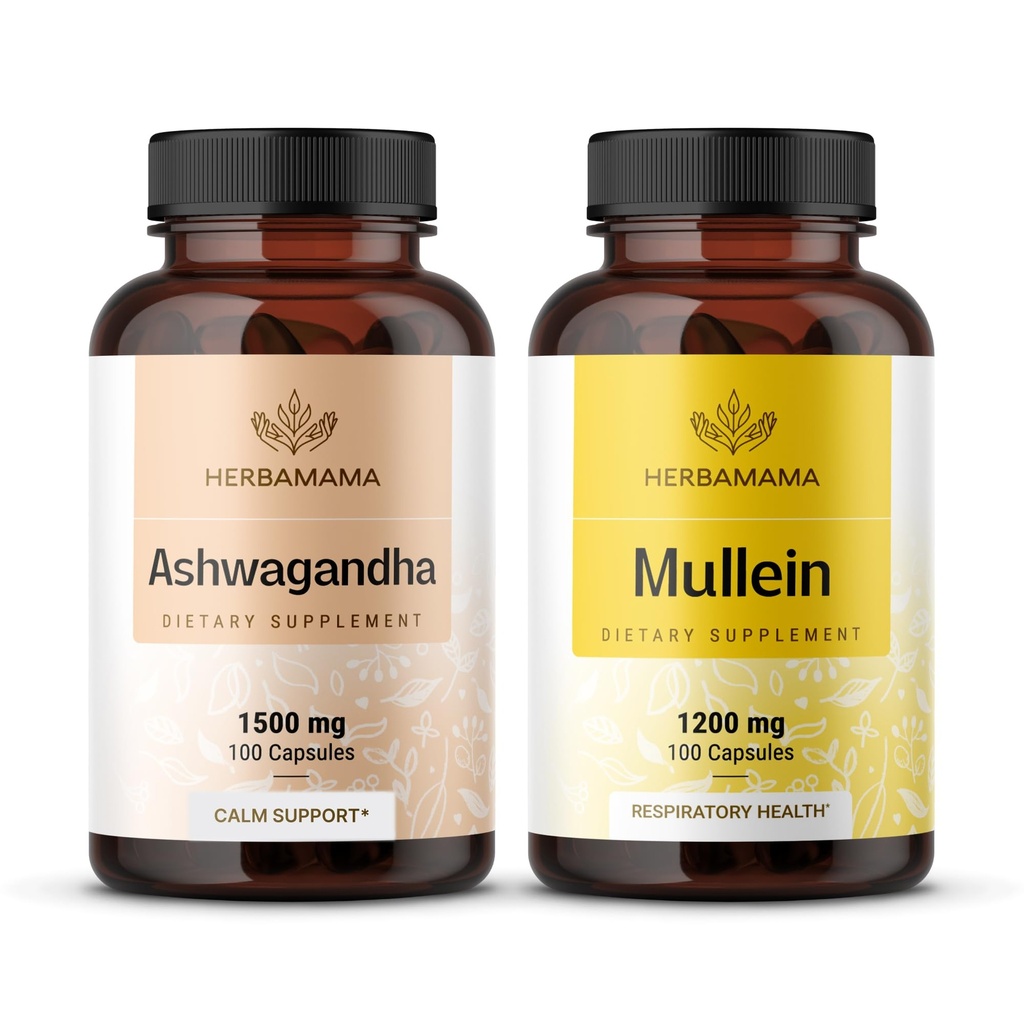 HERBAMAMA Ashwagandha et Mullein Kit - Ensemble de 1500 mg Ashwagandha Racine et 1200 mg Mullein Leaf Capsules 100 Caps - Vegan, Non-OGM, Sucre et Sans alcool - 2 Pack