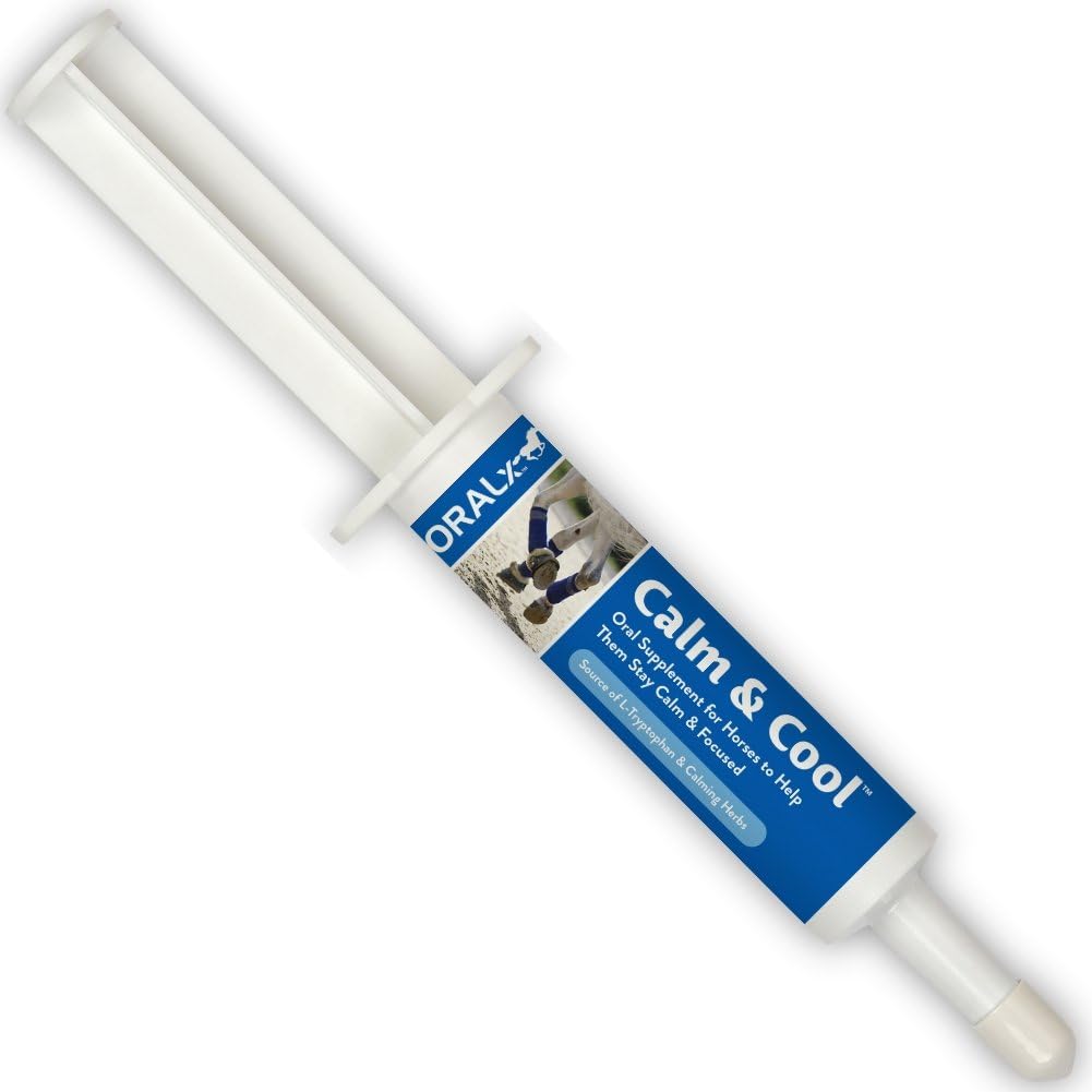 Oralx Calme et Cool pour les Chevaux. Pâte calmante préparée avec des extraits de L-Tryptophane et de plantes. Aide à maintenir calme, concentré Composure pendant les événements et le transport. Syringe facile. Fabriqué aux États-Unis